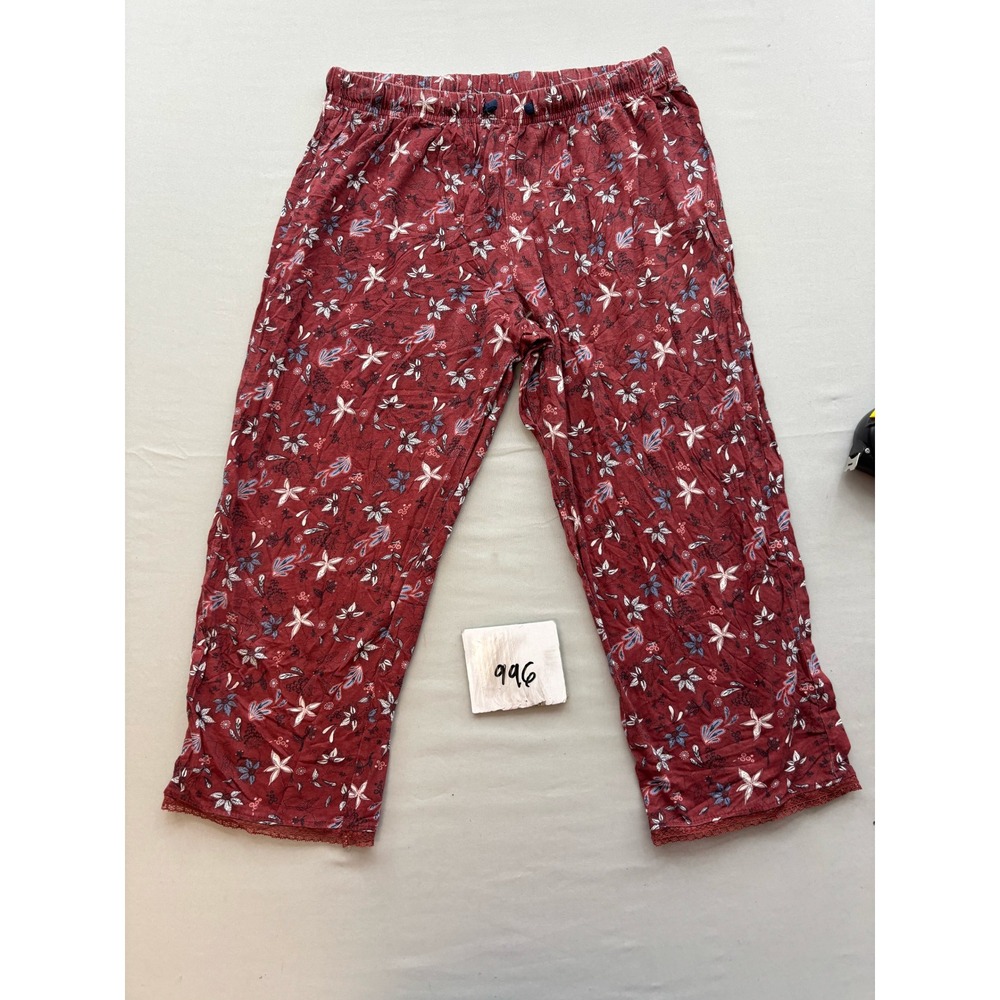 Serra Organic Cotton Pajama Pants Small Burgundy Floral Lace Trim Crop Sleepwear